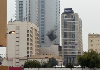 Damage caused by an Iranian drone strike at one of the buildings next to the headquarters of the U.S. Navy 5th Fleet in Ju...