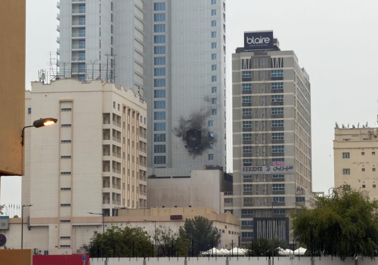 Damage caused by an Iranian drone strike at one of the buildings next to the headquarters of the U.S. Navy 5th Fleet in Ju...
