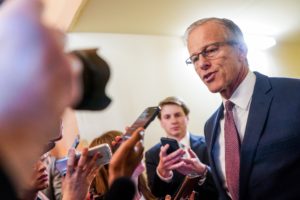 U.S. Senate Majority Leader Thune (R-SD) speaks to the media, at the U.S. Capitol in Washington