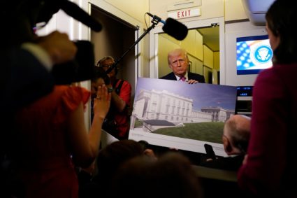 U.S. President Donald Trump on board Air Force One for travel to Joint Base Andrews