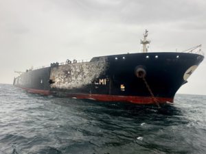 Damage to the Kuwait-flagged Al-Salmi crude oil tanker, following a reported strike