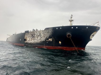 Damage to the Kuwait-flagged Al-Salmi crude oil tanker, following a reported strike