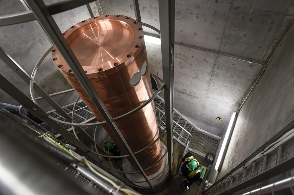 A copper capsule for spent nuclear fuel is pictured during the test in the Onkalo spent nuclear fuel repository in Olkiluo...