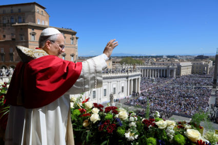Pope Leo XIV delivers his "Urbi et Orbi" message from the main balcony of St. Peter's Basilica, on Easter Sunday, at the V...