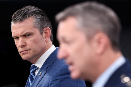 U.S. Secretary of Defense Pete Hegseth holds a press briefing, at the Pentagon in Washington