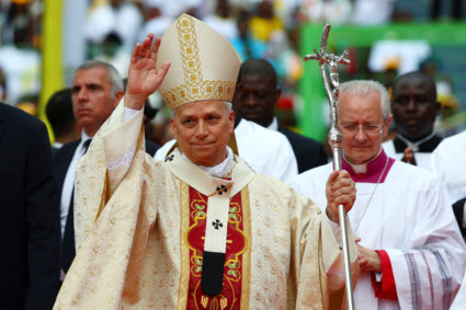 Pope Leo XIV holds a holy Mass at Malabo Stadium, in Malabo
