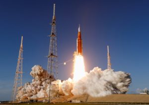 NASA's Artemis II mission to fly by the moon, comprising of the Space Launch System (SLS) rocket with the Orion crew capsu...