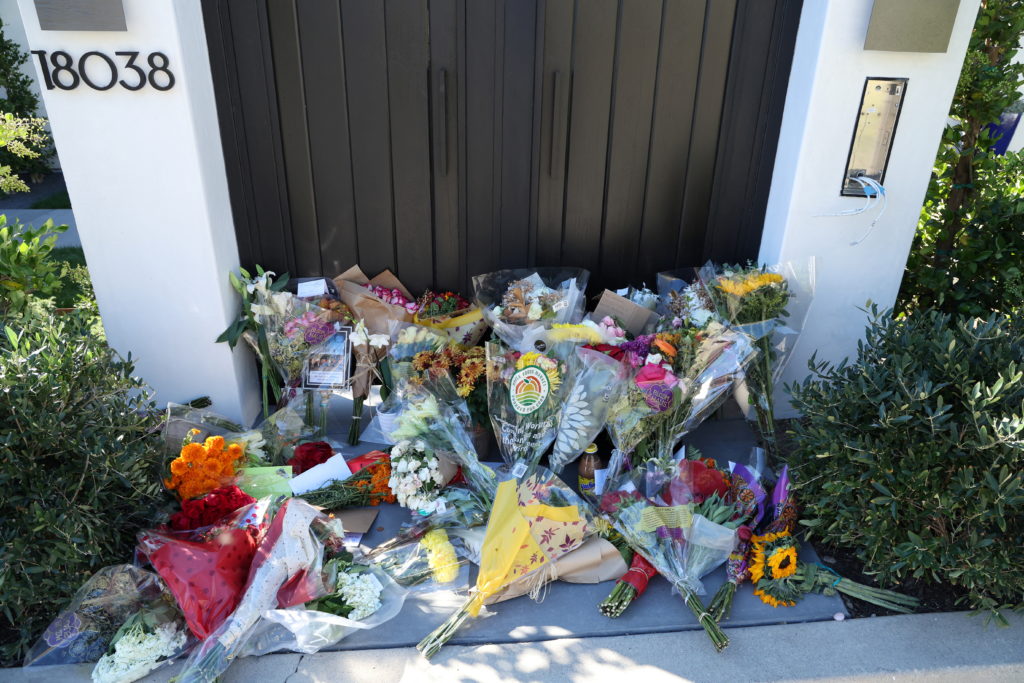 Flowers are pictured outside the home of late actor Matthew Perry in Pacific Palisades