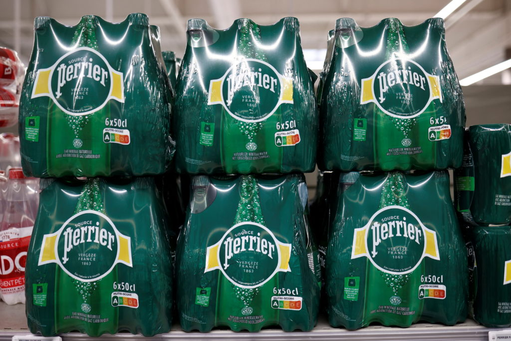 Bottles of Perrier beverage brand at a supermarket in Perros-Guirec