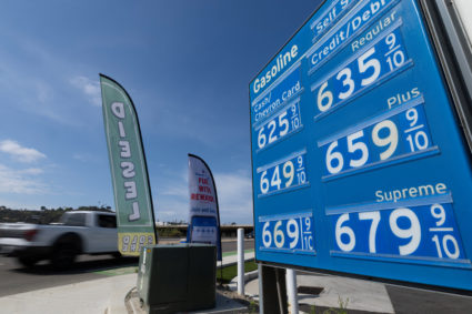 Current price of gasoline shown ar gas station in California