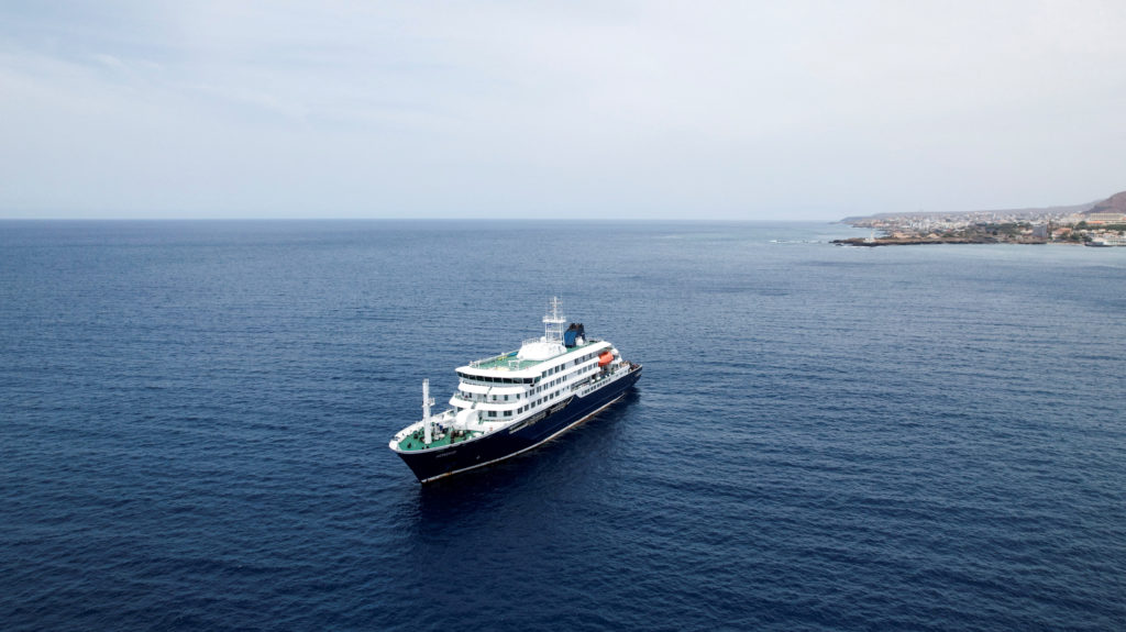FILE PHOTO: A drone view of the cruise ship MV Hondius, carrying passengers suspected of having cases of hantavirus on boa...
