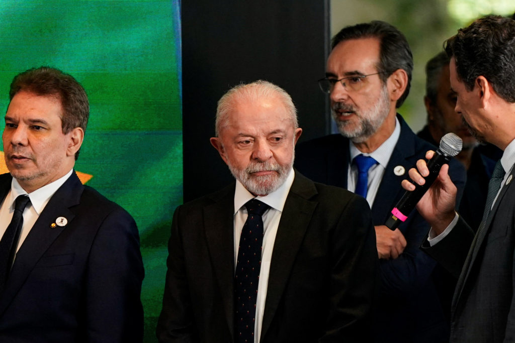Brazilian President Lula speaks to reporters at the Brazilian Embassy in Washington