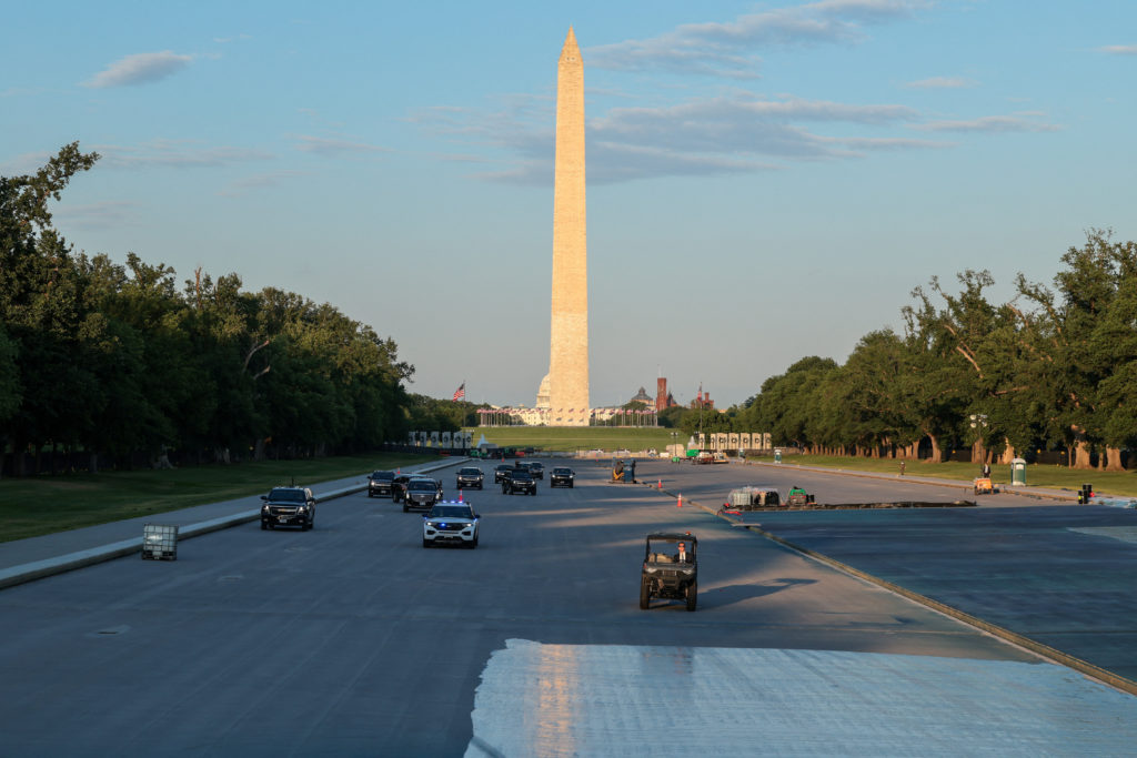 U.S. President Donald Trump visits the Lincoln Memorial Reflecting Pool as it undergoes renovations, in Washington