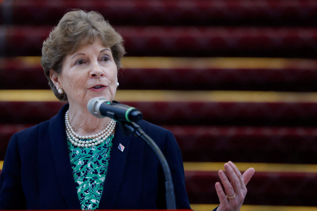 FILE PHOTO: U.S. Senator Jeanne Shaheen (D-NH) speaks during a press conference at the Presidential Office Building in Taipei