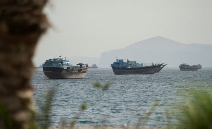Vessels sail through the Strait of Hormuz