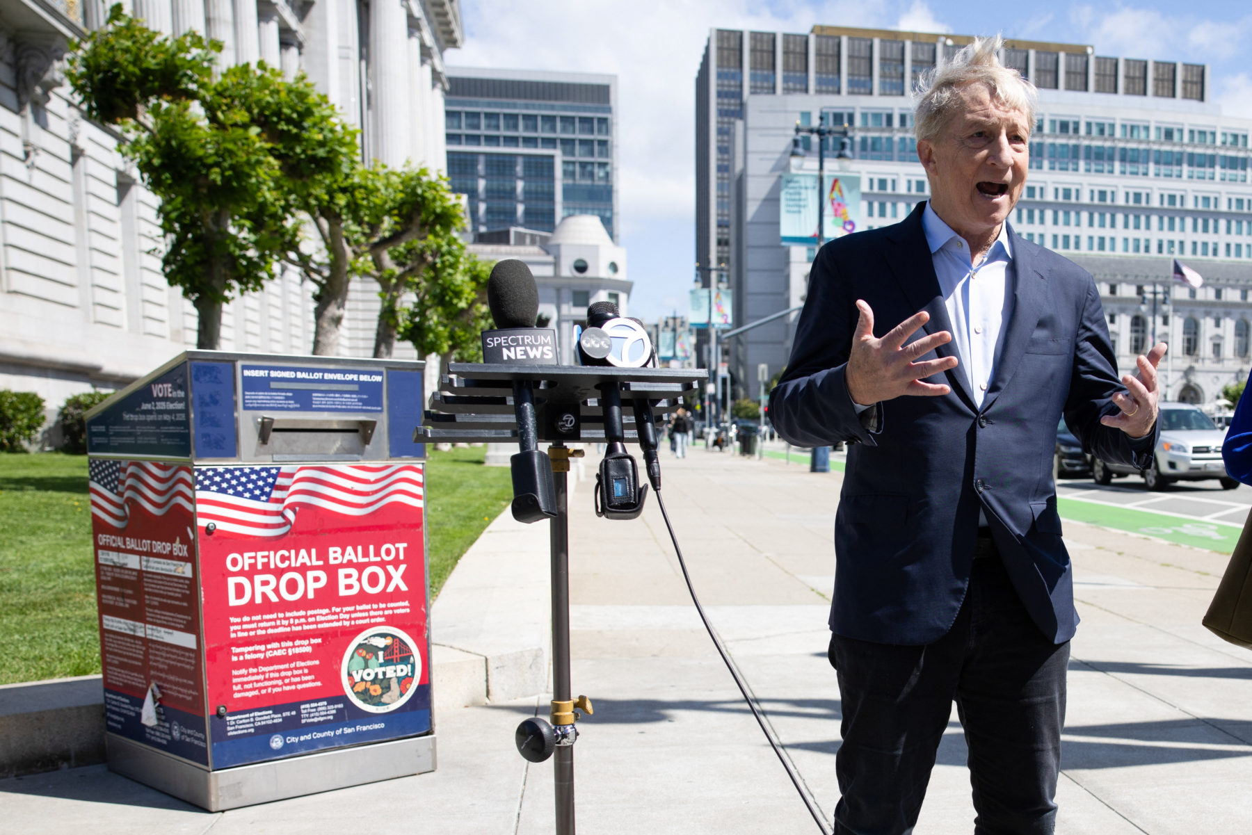 Gubernatorial candidate for California Tom Steyer votes outside of San Francisco City Hall