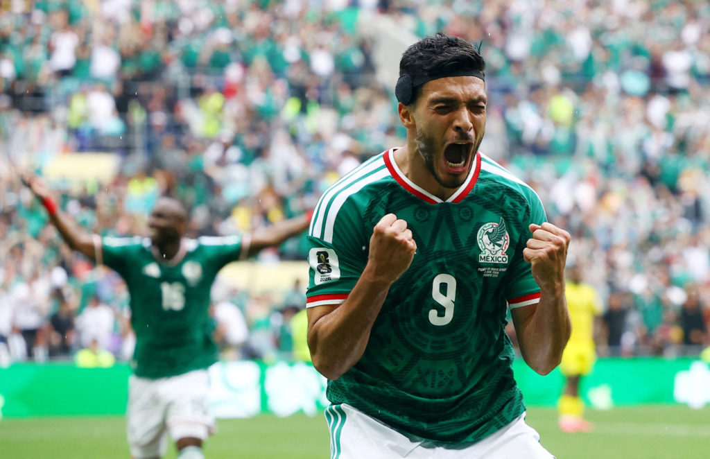 Mexico's Raúl Jiménez celebrates after scoring his side's second goal against South Africa in the opening match of the 2026 World Cup at the Estadio Azteca, Mexico City, June 11, 2026.