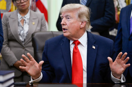 U.S. President Donald Trump speaks in the Oval Office at the White House