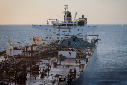 UK Royal Marine Commandos take part in a maritime interdiction operation on the vessel SMYRTOS off the south coast of England