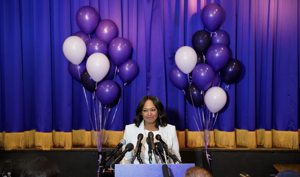Washington, D.C., City Councilmember Janeese Lewis George, a Democratic candidate for mayor, holds a news conference in Wa...