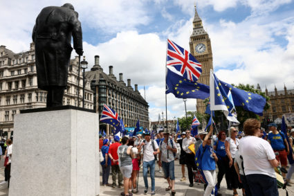 People gather for National Rejoin March to mark 10 years since Brexit referendum, in London