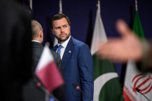 U.S. Vice President JD Vance looks on prior to a quadrilateral meeting between the United States, Iran, Pakistan and Qatar...