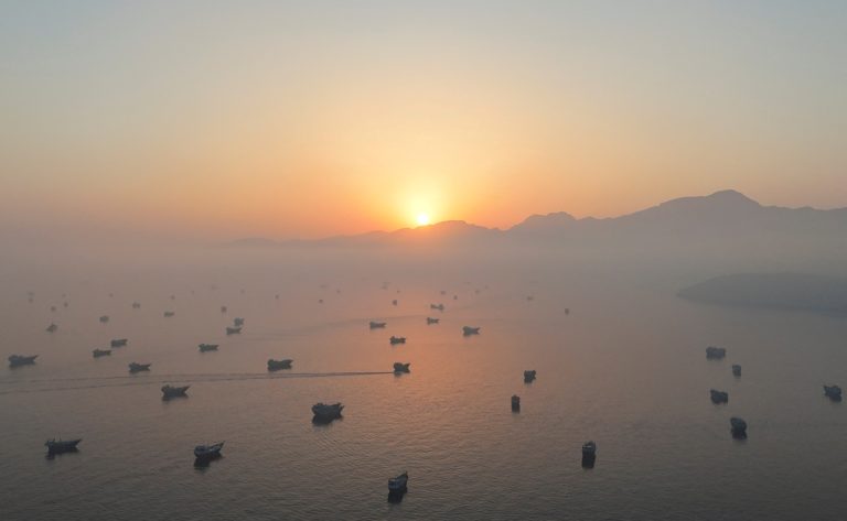 FILE PHOTO: A drone view shows vessels in the Strait of Hormuz, as seen from Musandam