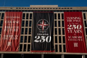 Banners marking the 250th anniversary of the United States of America at the Department of Education