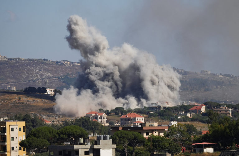 Smoke billows from southern Lebanon following an Israeli strike, as seen from Nabatieh