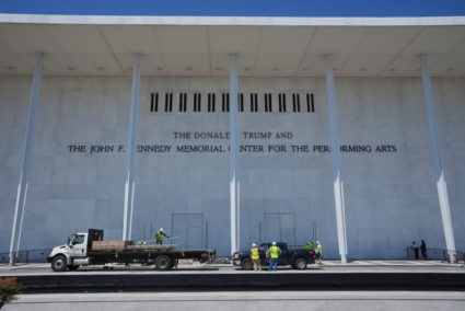 Lettering referencing U.S. President Donald Trump is removed from the facade of the John F. Kennedy Center for the Perform...