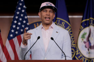 U.S. House Minority Leader Hakeem Jeffries (D-NY) speaks during a news conference on Capitol Hill