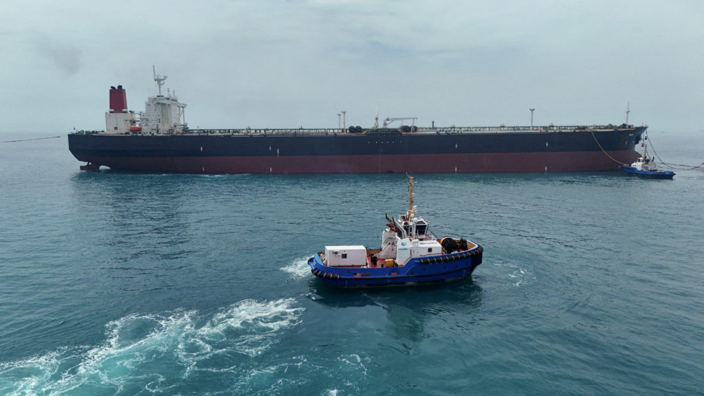 FILE PHOTO: Drone view of oil tanker HELGA berthed at one of Iraq's southern offshore oil terminals near Basra