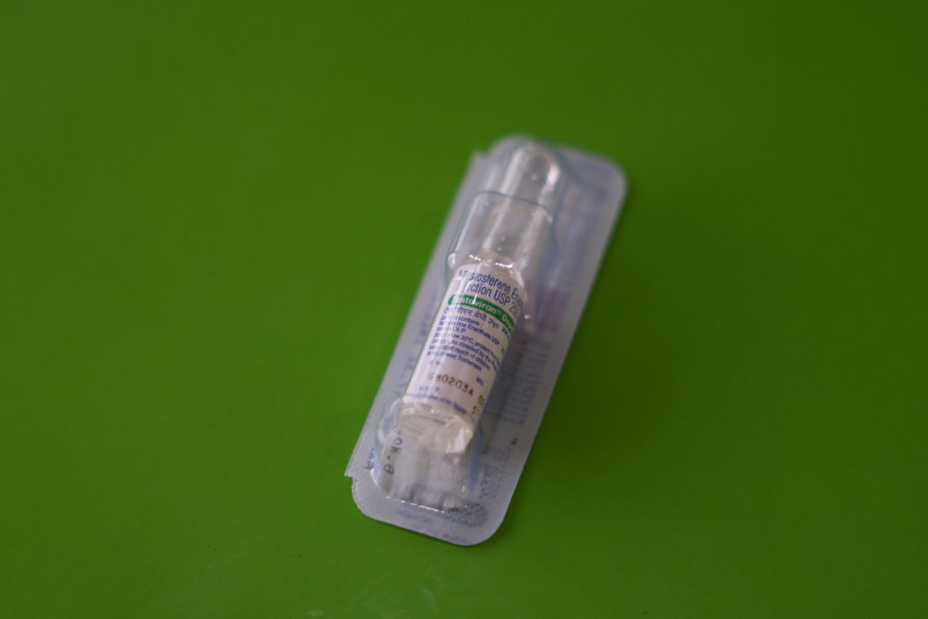 A package of Testoviron Depot, a testosterone injection, is seen at a pharmacy in Bengaluru