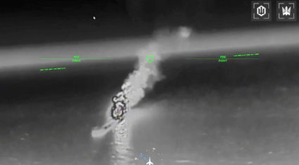 Smoke rises after what the Ukranian authorities say was during a strike as Ukrainian UAVs hit a Russian dark fleet tanker
