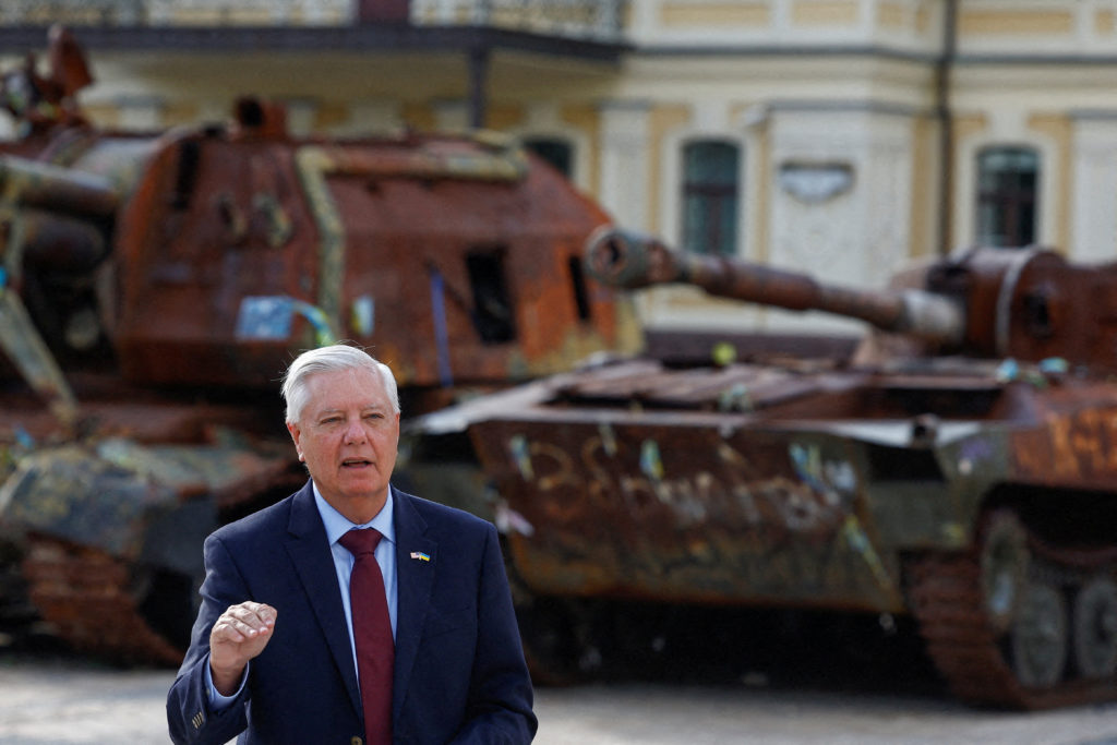 FILE PHOTO: U.S. Senator Lindsey Graham (R-SC) speaks to the media in Kyiv