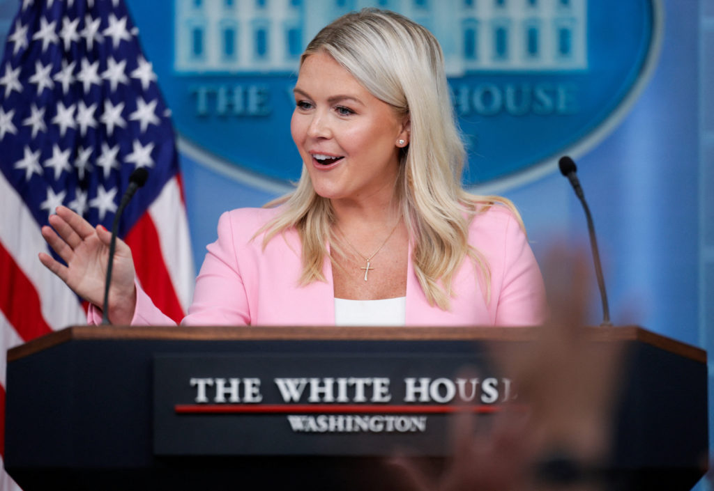 WH Press Secretary Leavitt delivers a press briefing at the White House in Washington