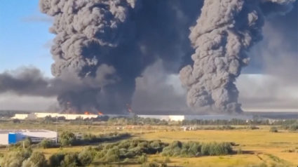 Smoke billows from a warehouse, after deadly Ukrainian drone attacks, as per regional governors, in Elektrostal
