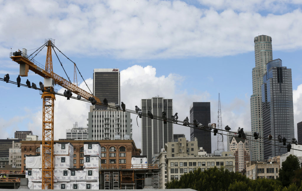 Birds sit on a telephone line near Skid Row Housing Trust's 102 pre-fabricated 350 square foot modular apartments under co...