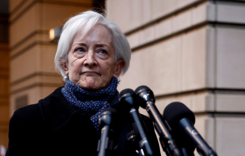 Stephanie Bernstein speaks to the media outside the U.S. Federal courthouse, in Washington