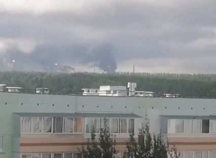 Smoke rises from an oil refinery in Nizhnekamsk