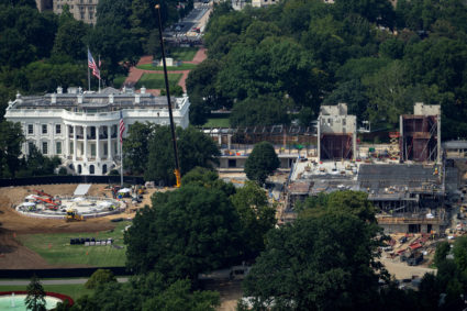 FILE PHOTO: Workers continue construction of a helipad and Ballroom on the South Lawn of the White House