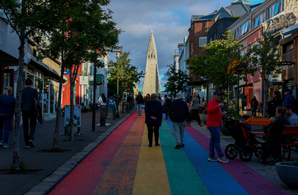 FILE PHOTO: People walk on Rainbow Street in Reykjavik