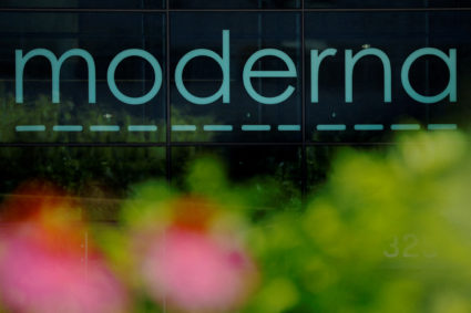 FILE PHOTO: A sign marks the offices of Moderna in Cambridge