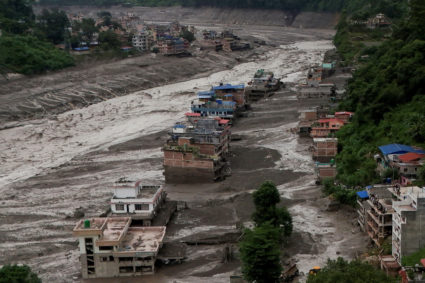 A drove view of damaged properties following a flash flood at Trishuli, Nepal