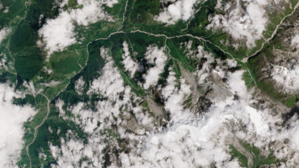 A satellite image shows the site of glacial collapse, in Syapru Besi