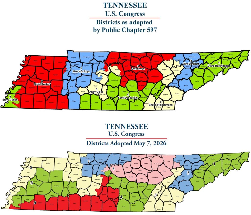 A side-by-side comparison shows Tennessee's U.S. House map before and after the state Legislature redrew the districts in May to benefit Republicans ahead of the midterm elections.