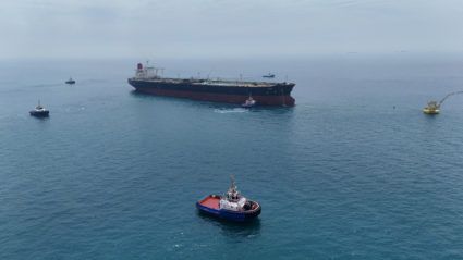 FILE PHOTO: Drone view of oil tanker HELGA berthed at one of Iraq's southern offshore oil terminals near Basra
