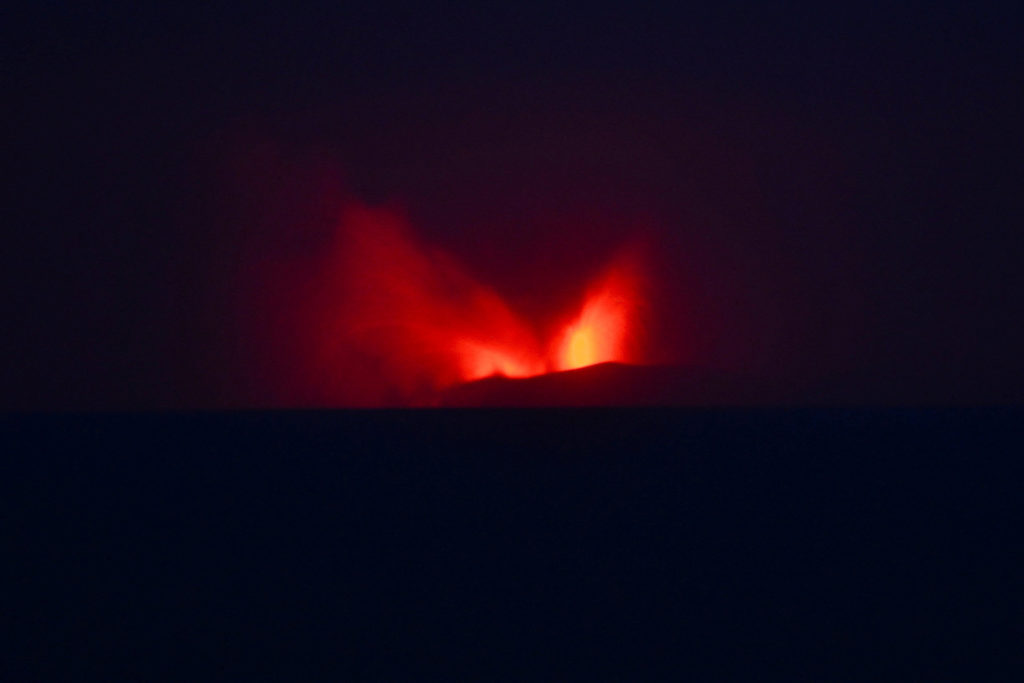 Mount Anak Krakatau volcano spews hot lava as seen from Pasauran village in Serang