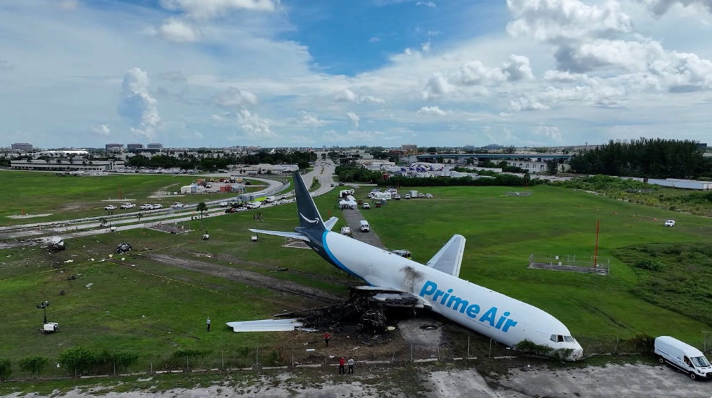 A drone view of skid marks of an Amazon Prime Air cargo plane that overran a runway at Miami International Airport, in Miami