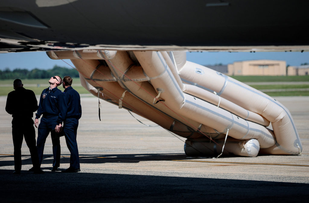 U.S. President Trump boards Air Force One for a trip to the Republican National Midterm Convention, at Joint Base Andrews